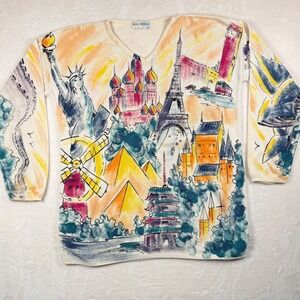 Vintage Kolorway Graphic World Landmark V-Neck Sweater  Large Art Print Knit Top
